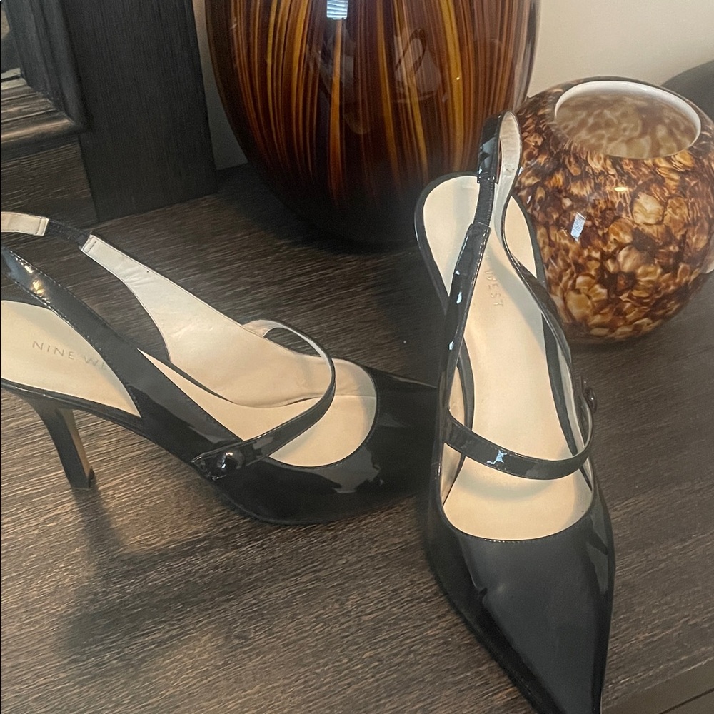 Nine West Black Patent Pointed-Toe Mary Jane Slingbacks